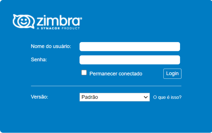 Tela de login do Servidor de E-mails Zimbra Corporativo