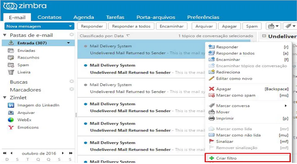 Tela com o serviço de filtros oferecido pelo Zimbra Servidor de E-mails Corporativo